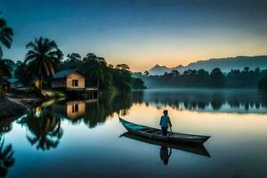 a man in a boat on the water at sunrise. AI-Generated photo