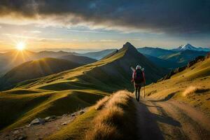 un hombre camina arriba un montaña la carretera en el Dom. generado por ai foto