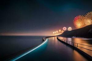 fuegos artificiales terminado el Oceano a noche. generado por ai foto