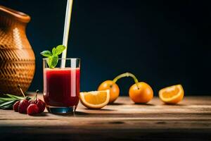 a glass of juice with a straw and oranges. AI-Generated photo