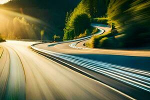 un coche conducción en un devanado la carretera a puesta de sol. generado por ai foto