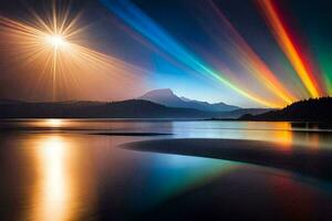 a rainbow light shines over a lake and mountains. AI-Generated photo