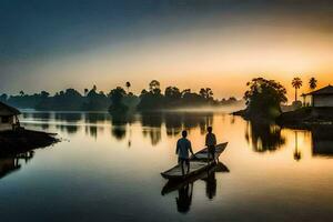 a man and woman are standing on a boat in the middle of a river. AI-Generated photo