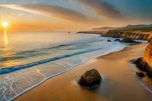 the sun rises over the ocean and the cliffs of the beach. AI-Generated photo