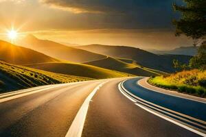 el Dom es ajuste terminado un la carretera en el montañas. generado por ai foto