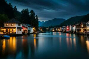 a river in the mountains at night with houses and boats. AI-Generated photo