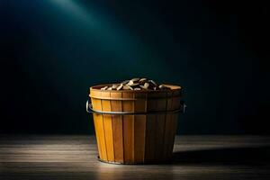 a wooden bucket filled with nuts on a dark background. AI-Generated photo