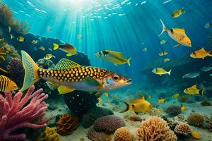 pescado nadando en el Oceano con coral arrecifes generado por ai foto