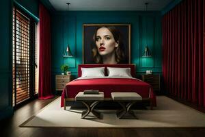 a bedroom with a red bed and a painting on the wall. AI-Generated photo