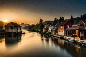 un río en el medio de un pueblo a puesta de sol. generado por ai foto