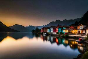 colorful houses on the shore of a lake at sunset. AI-Generated photo