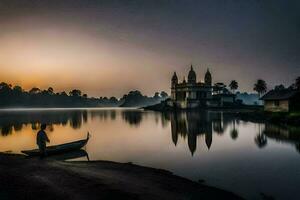 a man in a boat stands on the shore of a lake at sunrise. AI-Generated photo