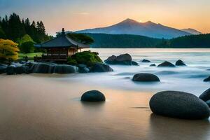 el japonés templo en el playa. generado por ai foto