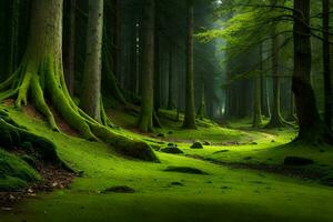 a green forest with trees and moss. AI-Generated photo