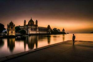 a man stands on the edge of a lake at sunset. AI-Generated photo