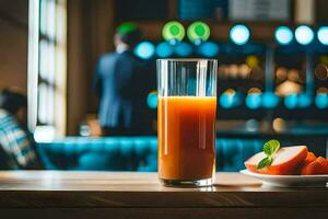 a glass of orange juice on a table in a restaurant. AI-Generated photo