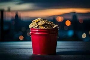 a red bucket filled with coins on a table. AI-Generated photo