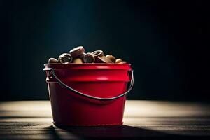 a red bucket filled with nuts on a wooden table. AI-Generated photo
