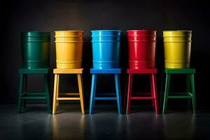 colorful stools in a row against a black background. AI-Generated photo