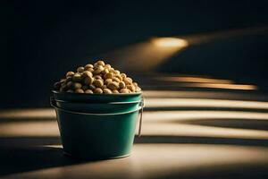 a bucket filled with peanuts on a dark table. AI-Generated photo