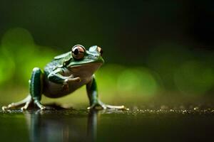 a frog is standing on its hind legs on a wet surface. AI-Generated photo