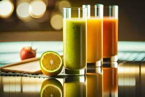 three glasses of juice with slices of fruit. AI-Generated photo