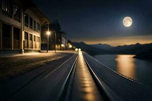 a train track with a moon in the sky. AI-Generated photo