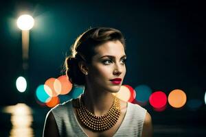 un mujer vistiendo un collar y oro collar en frente de un ciudad a noche. generado por ai foto