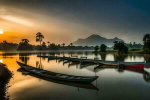 boats on the river at sunrise. AI-Generated photo