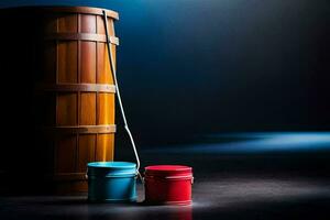 two buckets and a wooden barrel on a dark floor. AI-Generated photo