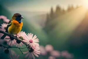 photo wallpaper the sky, flowers, bird, nature, the sun, the forest, the bird. AI-Generated