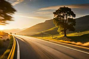 a car driving down a country road at sunset. AI-Generated photo