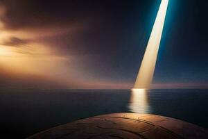 a beam of light shining over the ocean. AI-Generated photo