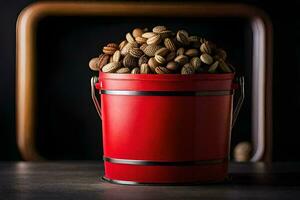 nuts in a red bucket on a table. AI-Generated photo