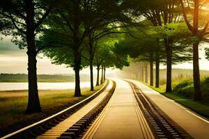 a train track is lined with trees and grass. AI-Generated photo