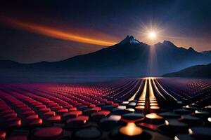 the sun shines over a mountain range with red and black dots. AI-Generated photo