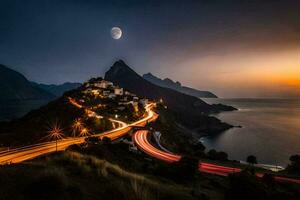 the moon is shining over the ocean and a road in front of it. AI-Generated photo