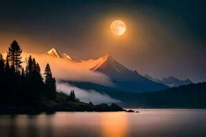 a full moon rises over a mountain range and lake. AI-Generated photo