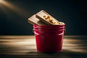 a red bucket filled with peanuts and a wooden block. AI-Generated photo