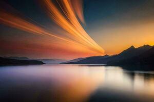 un largo exposición fotografía de un montaña lago a puesta de sol. generado por ai foto