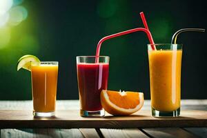 three different types of juices on a wooden table. AI-Generated photo