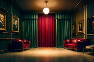 a room with red couches and a red curtain. AI-Generated photo