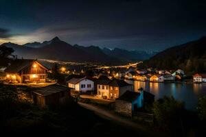 photo wallpaper the sky, mountains, night, the village, house, lake, the village,. AI-Generated