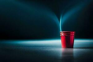 a red cup sitting on a table with smoke coming out of it. AI-Generated photo