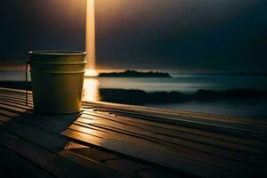 a bucket sitting on a wooden dock at sunset. AI-Generated photo