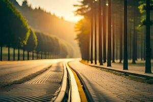 un la carretera con arboles y un puesta de sol en el antecedentes. generado por ai foto