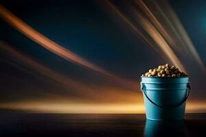 a blue bucket filled with peanuts on a table. AI-Generated photo