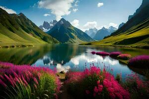 the beautiful landscape of a lake surrounded by flowers. AI-Generated photo