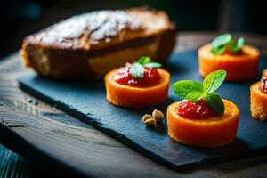 small desserts on a black slate board. AI-Generated photo