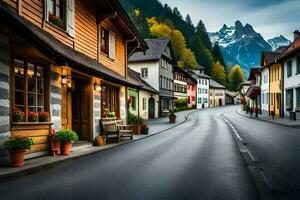 a street in the mountains with houses and mountains in the background. AI-Generated photo